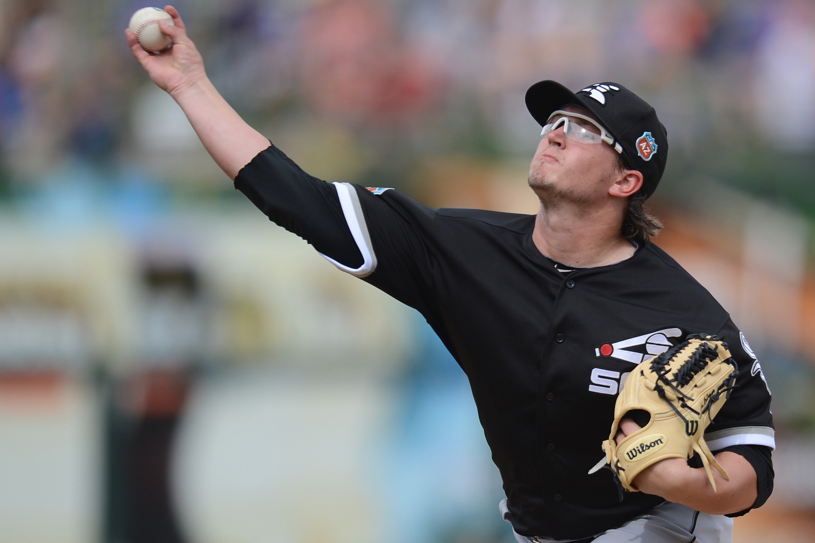 Mar 5, 2016; Surprise, AZ, USA; Chicago White Sox starting pitcher Carson Fulmer (80) pitches during the third inning against the Kansas City Royals at Surprise Stadium. Mandatory Credit: Joe Camporeale-USA TODAY Sports